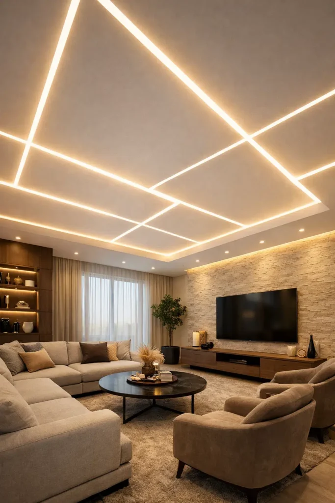 سقف جبس بورد باللون الأبيض المائل للبيج، بتصميم هندسي متداخل، مع إضاءة LED خطية بلون دافئ (أصفر ناعم)